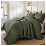 $130 Brandream Quilt Set Full Size Cotton Olive Green Floral and Vine Stitching Quilt Set Matelasse Bedding Ruffled Bedspread 3-Piece