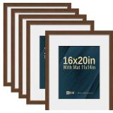 VCK 16x20 Picture Frame 5 Pack - Brown, High-End Wood Poster Frames with Tempered Glass, Display 11x14 Photo with Mat or 16x20 without Mat, Art Gallery-Quality, Wall Hanging