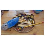 Wicker Tray, Wood Utensils and Metal Bug Art