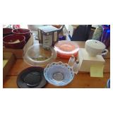 Assorted Glassware and Pink Plates