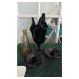 Vintage Black Amethyst Glass Pieces and Small Vase