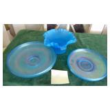 2-Pieces of Blue Stretch Glass and Blue Stain Glass Bowl