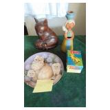 Wood Cat, Cat Plate, Candleholder and Vintage Japan Wind-Up Chick