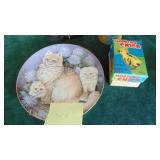 Wood Cat, Cat Plate, Candleholder and Vintage Japan Wind-Up Chick