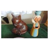 Wood Cat, Cat Plate, Candleholder and Vintage Japan Wind-Up Chick