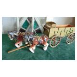 Vintage Ceramic Horses and Wood Wagon Set
