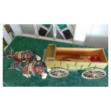 Vintage Ceramic Horses and Wood Wagon Set