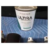 Box of spray paints, lubricants, spray adhesive and more