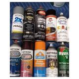 Box of spray paints, lubricants, spray adhesive and more