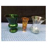 Vintage Napco forest green urn shaped vase, vintage amber and white swirl art glass footed vase, vintage blown glass vase with a subtle green tint
