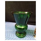 Vintage Napco forest green urn shaped vase, vintage amber and white swirl art glass footed vase, vintage blown glass vase with a subtle green tint