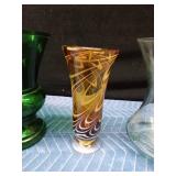 Vintage Napco forest green urn shaped vase, vintage amber and white swirl art glass footed vase, vintage blown glass vase with a subtle green tint