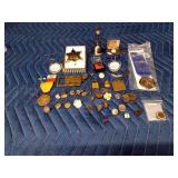Pins including sterling silver, railroad buttons, cuff links, medals, padlock, key rings, and more