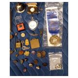 Pins including sterling silver, railroad buttons, cuff links, medals, padlock, key rings, and more