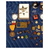 Pins including sterling silver, railroad buttons, cuff links, medals, padlock, key rings, and more
