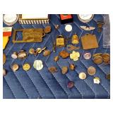 Pins including sterling silver, railroad buttons, cuff links, medals, padlock, key rings, and more
