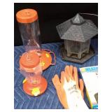 2 Glass ans 2 plastic hummingbird feeders, 2 bird feeders, weather watch, gloves, plant hanger and more