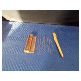 Alignment box for gravure etched cylinders known as print rings and butcher tools in wood bat like case (tools look like needles)