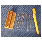 Alignment box for gravure etched cylinders known as print rings and butcher tools in wood bat like case (tools look like needles)