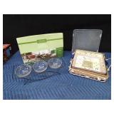 New pottery casserole wiyh plastic lid and metal rack and 3 glass bowl condiment set with metal rack