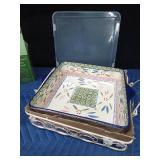 New pottery casserole wiyh plastic lid and metal rack and 3 glass bowl condiment set with metal rack
