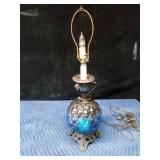 Vintage Blue glass lamp with metal base and top - WORKS