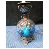 Vintage Blue glass lamp with metal base and top - WORKS