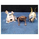 Metal pig birdhouse, metal pig and a metal frog