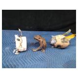 Metal pig birdhouse, metal pig and a metal frog