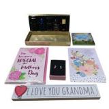 Gifts & Home Decor Lot – Cards, Signs, Earrings, Perfume Set, Artistic Accents Serving Utensils