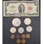 Collection of United States Coins and Currency - 6 US Lincoln Wheat Cents, 1953 Red Seal $2 Bill, 3 Susan B Anthony Dollars, 1968 Kennedy Half Dollar and 1972 Eisenhower Dollar