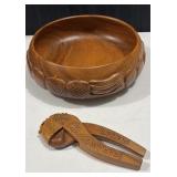 Large Vintage Wood Fruit Bowl and Ornate Hand Carved Wooden Nut Cracker