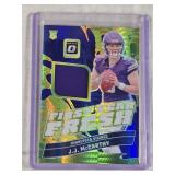 J.J. McCarthy Rookie Relic 2024 Panini Donruss Optic First Year Fresh Prizm FYF-JMY - Minnesota Vikings Football Card