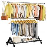 Luxspire Heavy Duty Clothes Rack Load 600 LBS, Double Rod Clothing Rack, Rolling Garment Racks with Lockable Wheels, Shelves, Adjustable Laundry Hanging Racks for Clothes