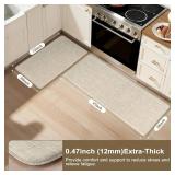 Collive Kitchen Mats for Floor 2PCS, Cushioned Anti Fatigue Rugs Non Slip Waterproof Kitchen Sink Mat, Memory Foam Comfort Standing Mats for Desk, Office, Home Decor, 20" x 47" + 20" x 32", Beige