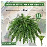 Dkaltm Artificial Boston Fern Bush- Set of 2 Large Artificial Ferns for Outdoors, 45Inch Large Faux Ferns, Suitable for Office & Living Room Decor, 55Branches for Each Bouquet