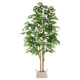 Warmplants Artificial Ficus Tree, 7ft Silk Fake Ficus Leaves Plant with Basket, Indoor Outdoor Faux Green Tree for Home Garden Office House Livingroom D cor