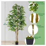 Warmplants Artificial Ficus Tree, 7ft Silk Fake Ficus Leaves Plant with Basket, Indoor Outdoor Faux Green Tree for Home Garden Office House Livingroom D cor