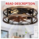 Farmhouse Caged Ceiling Fan with Light Flush Mount, Small Fandelier Low Profile Ceiling Fan with Light, Rustic Bladeless Ceiling Fans with Lights and Remote for Kitchen, Bedroom, 6 Speeds