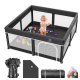 Foldable Baby Playpen with Mat - 50"X50" Play Yard for Babies and Toddlers - Indoor & Outdoor Portable Playpen with Storage Bag & 30 Ocean Ball - Baby Fence with Visible Mesh & Zipper Door,Black