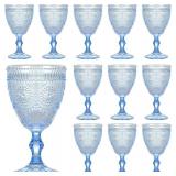 Vintage Wine Glasses Set of 12, 10 oz Glass Goblets Wine Glassware, Romantic Wedding Glass Set, Embossed Drinking Stemware Beverage Cups for Wedding Party Bar, Blue
