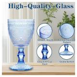 Vintage Wine Glasses Set of 12, 10 oz Glass Goblets Wine Glassware, Romantic Wedding Glass Set, Embossed Drinking Stemware Beverage Cups for Wedding Party Bar, Blue