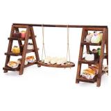 3-Tier Wooden Cupcake & Dessert Display Stand with Swing Frame   Rustic Torch-Finished Pine, Extra Wide 5.1" Trays, Pre-Assembled with Anti-Slip Pads, Party & Wedding Cake Holder (Rustic Brown)