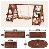 3-Tier Wooden Cupcake & Dessert Display Stand with Swing Frame   Rustic Torch-Finished Pine, Extra Wide 5.1" Trays, Pre-Assembled with Anti-Slip Pads, Party & Wedding Cake Holder (Rustic Brown)