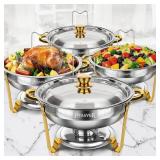 Chafing Dishes for Buffet 4 Pack 5QT Gold SS Round Warmer | Food Warmer with Stainless Steel Lid, Lid Holder & Stackable Design, Design for Home Parties & Small Catering Events