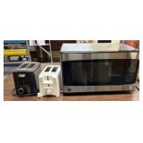 microwave and two toasters