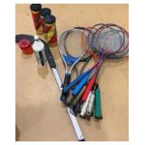 badminton rackets, tennis rackets, tennis balls, knee hockey stick