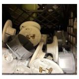 two crates lightbulb plate wire, grinding wheel