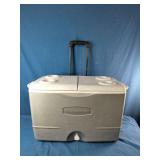 Rubbermaid 50-Quart Durachill Wheeled Cooler featuring a split lid and built-in cup holders.