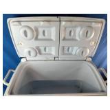 Rubbermaid 50-Quart Durachill Wheeled Cooler featuring a split lid and built-in cup holders.